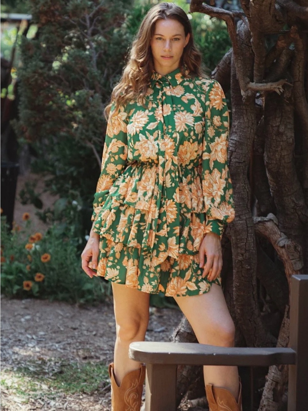 Flying Tomato Green Floral Tiered Long Sleeve Dress with Orange Bloom Print